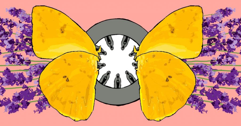 An illustration of two yellow butterflies surrounded by lavender flowers, next to a grey circle.