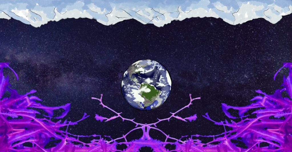 An illustration of planet earth floating in space, surrounded by pink algae and an upside down mountain range.